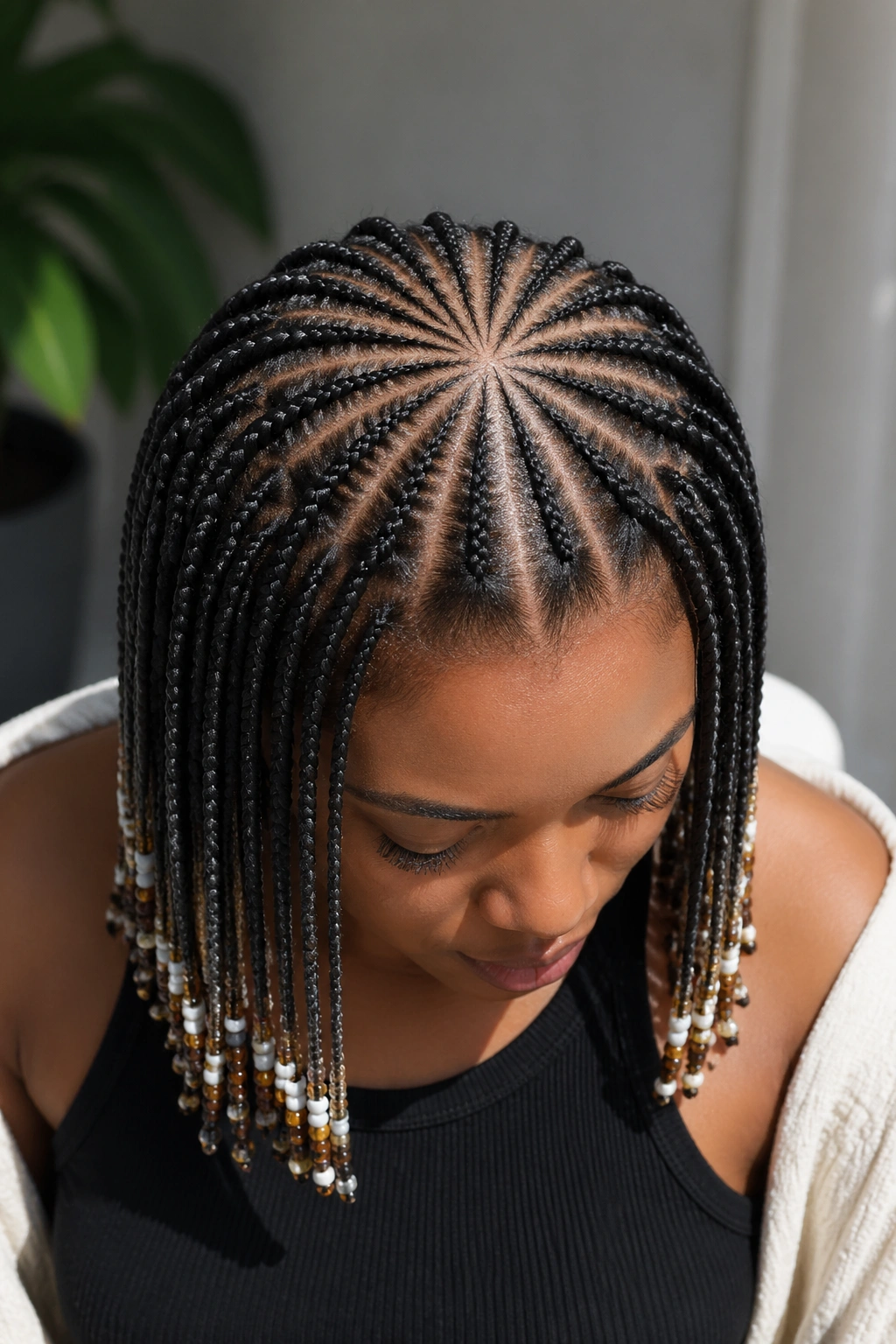 Close-up of sunburst stitch from crown with seed beads on a real person