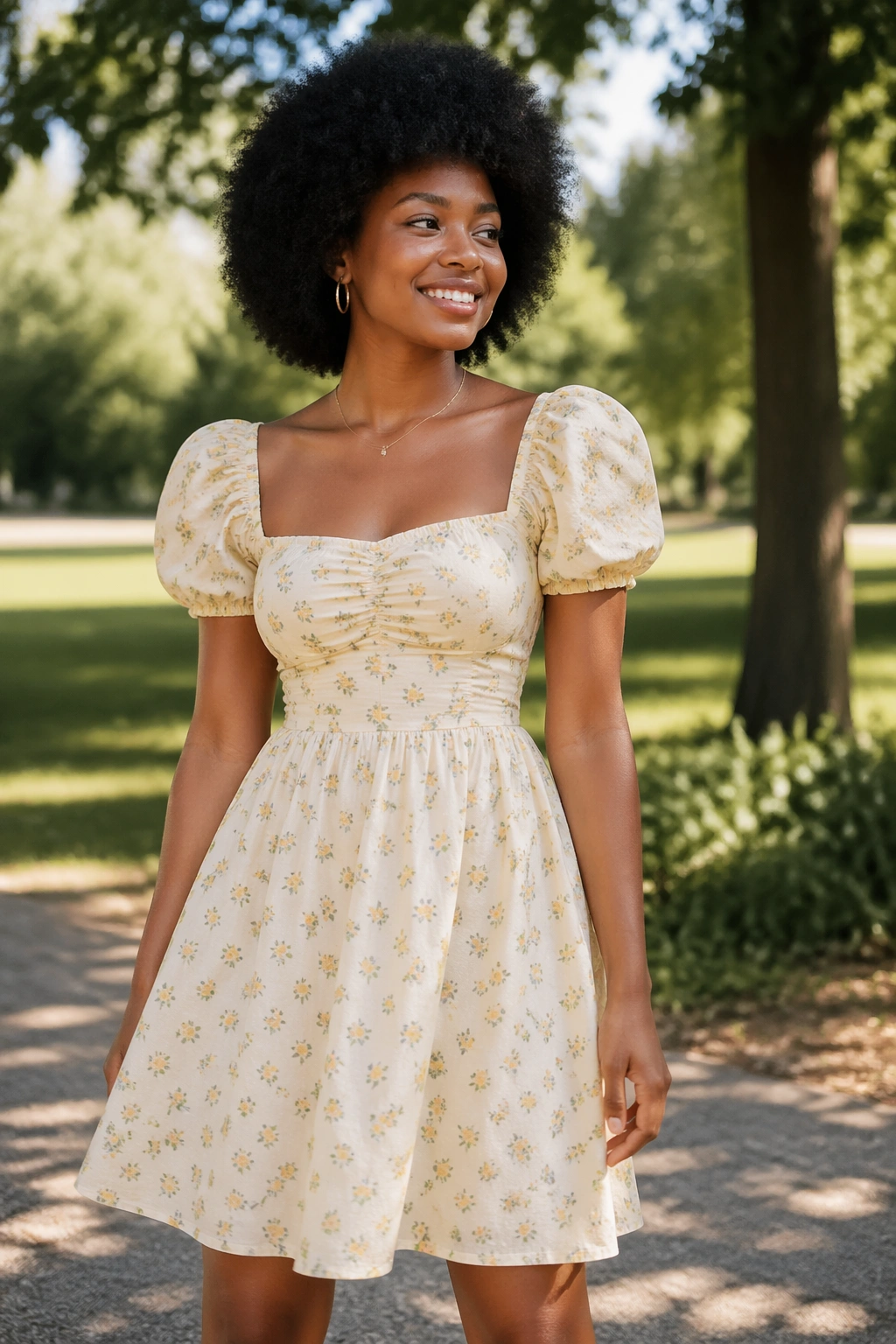 Medium close-up of a woman in a cotton sundress with puff sleeves outdoors