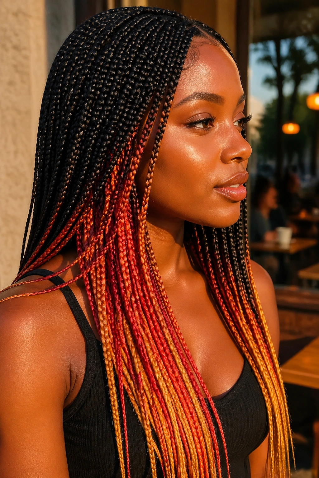 Close-up of a real woman with peach coral gold sunset blend peekaboo braids in warm light