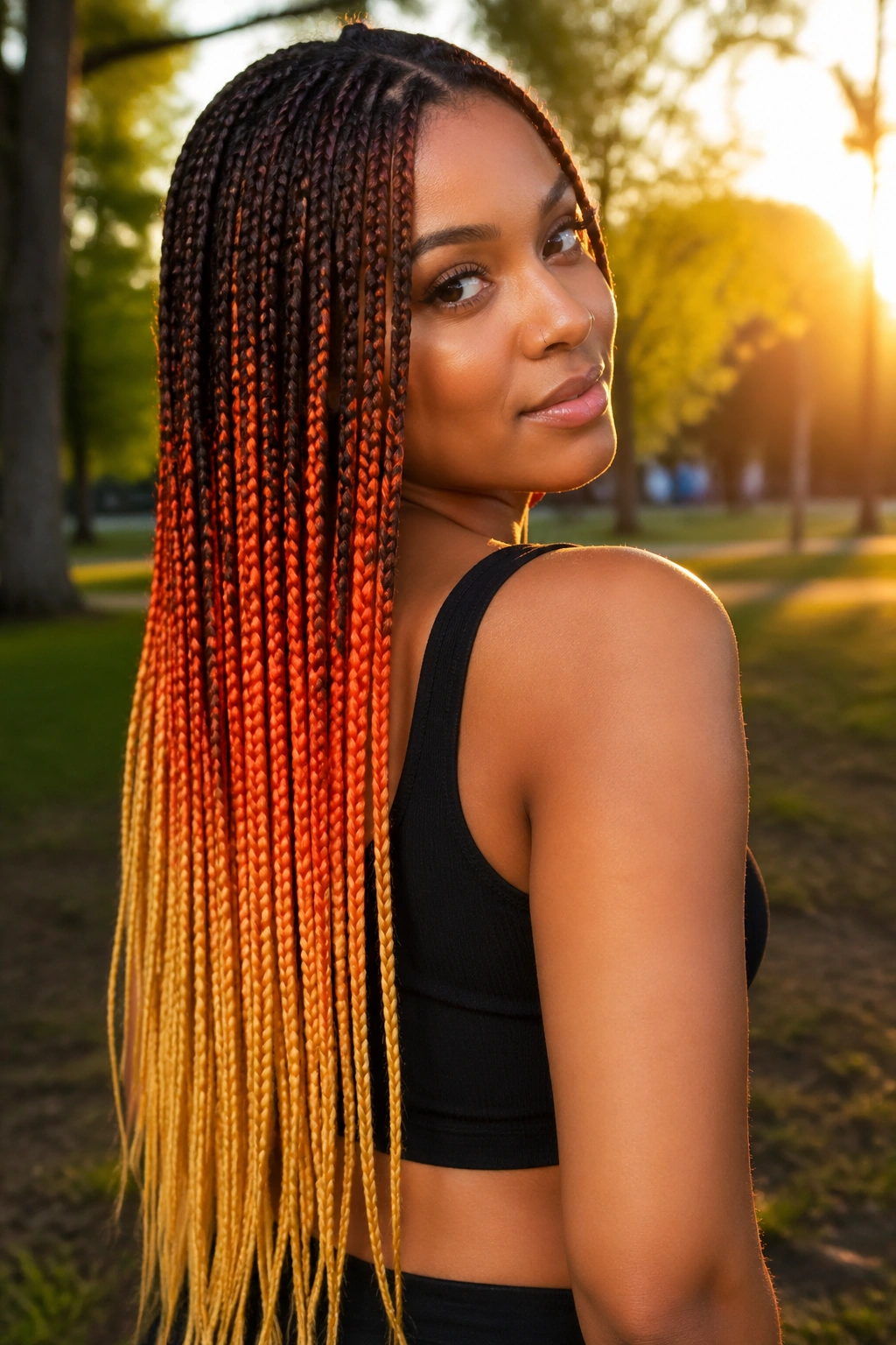 Portrait of real woman with sunset orange to gold ombré box braids