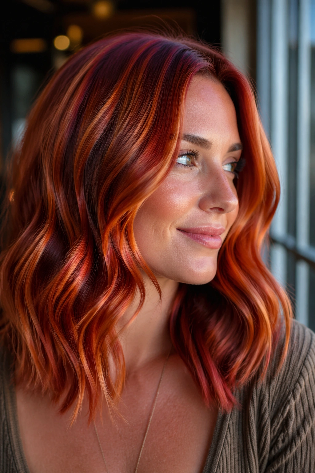 Close-up of sunset red waves with dimensional highlights on a real person