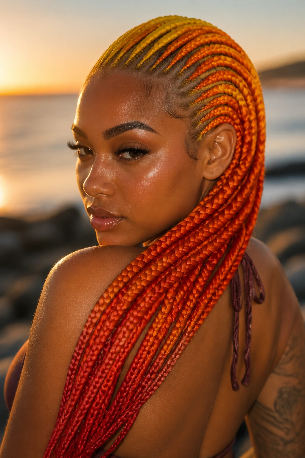 Close-up of sunset ombre cornrows yellow orange red on a real person.