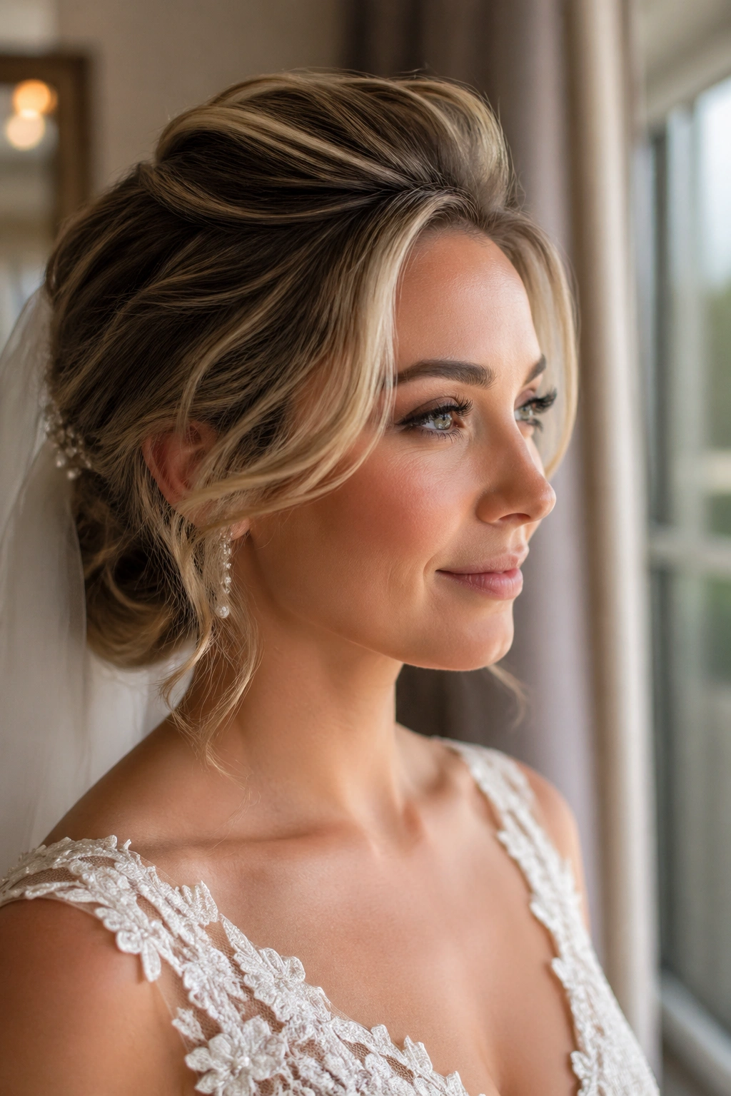 Bride with swept-back bangs and crown volume, portrait
