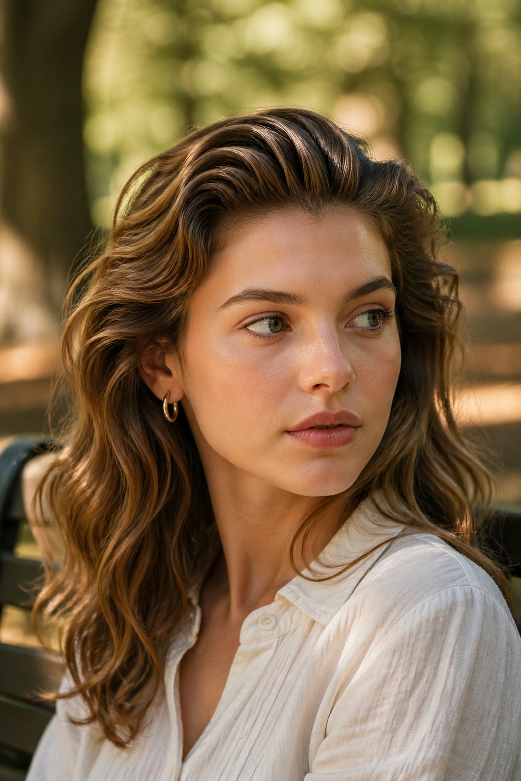 Portrait of a real person with swept-back waves and side volume in park light
