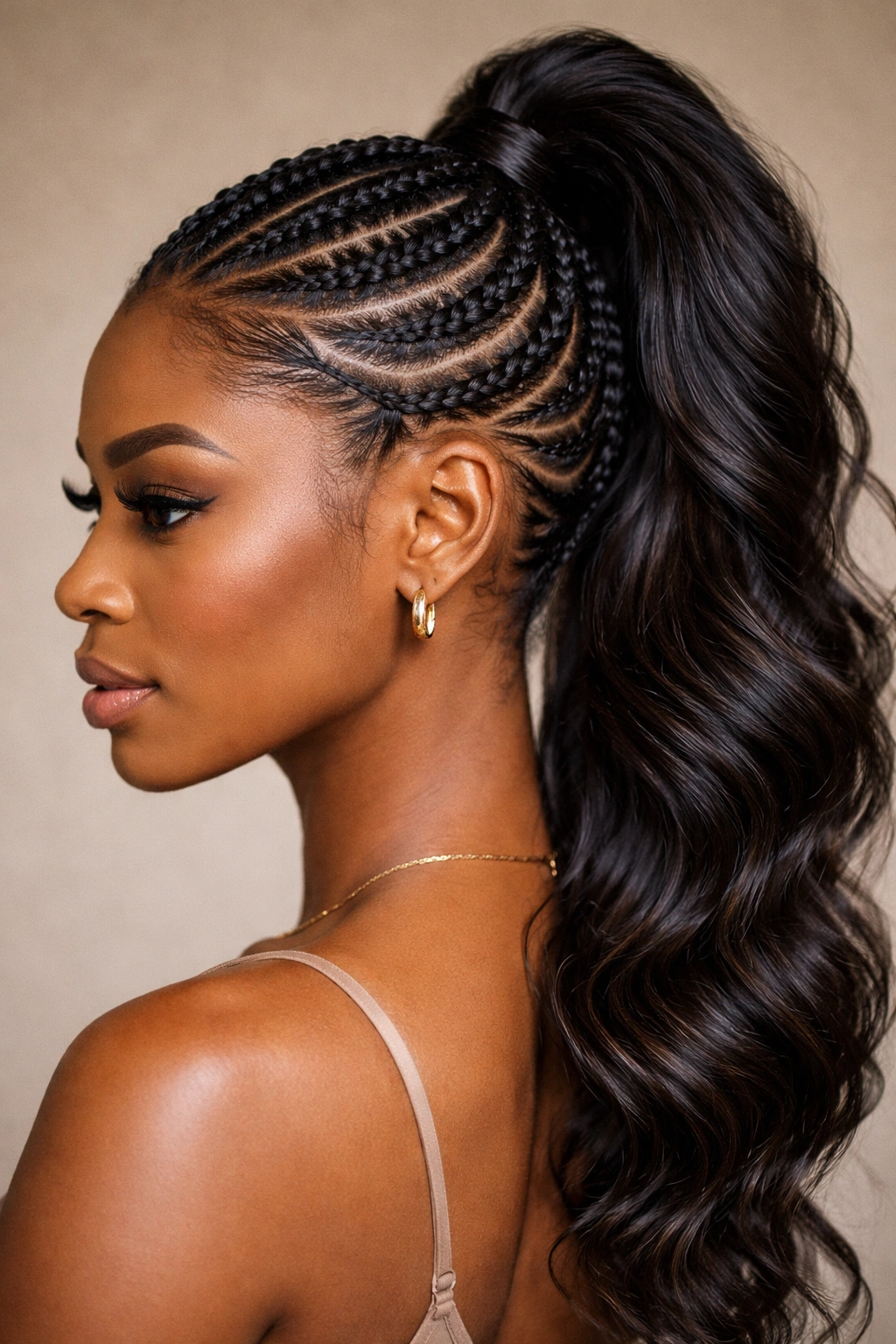 Mohawk with swirl cornrows curving around head toward ponytail
