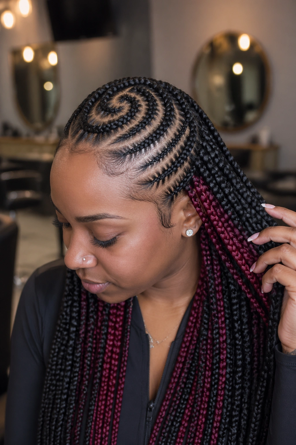 Portrait of a person with swirl cornrows and visible underlayer color