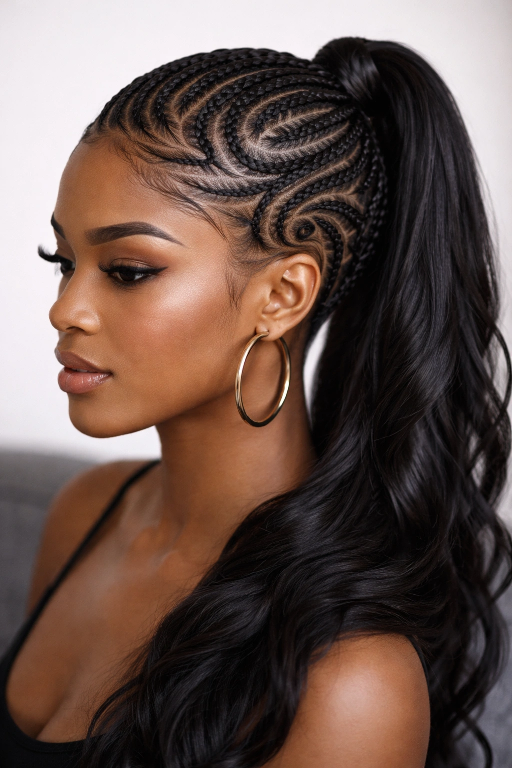 Swirl pattern side braids with curved lines around the scalp