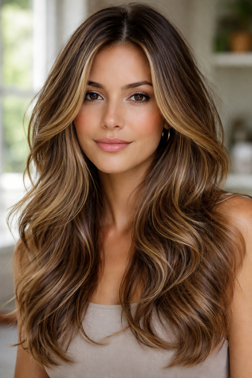 Close-up of real woman with swishy layers and neutral bronde highlights in natural daylight