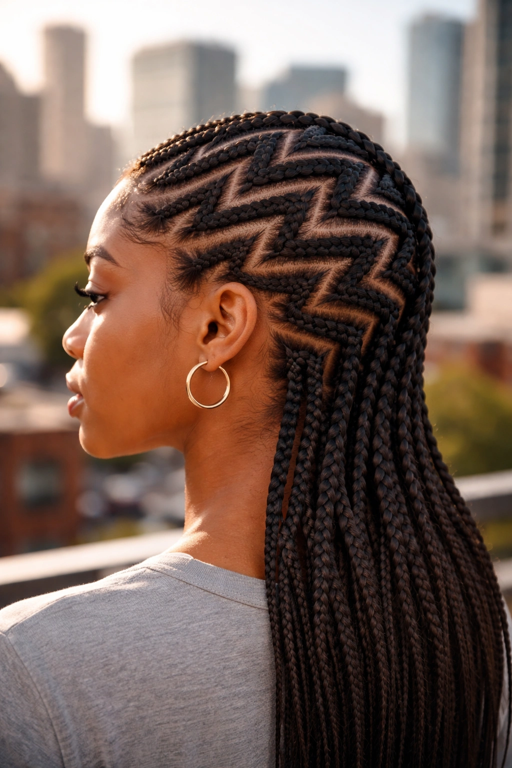 Profile view showing switchback mountain cornrows from crown to nape.