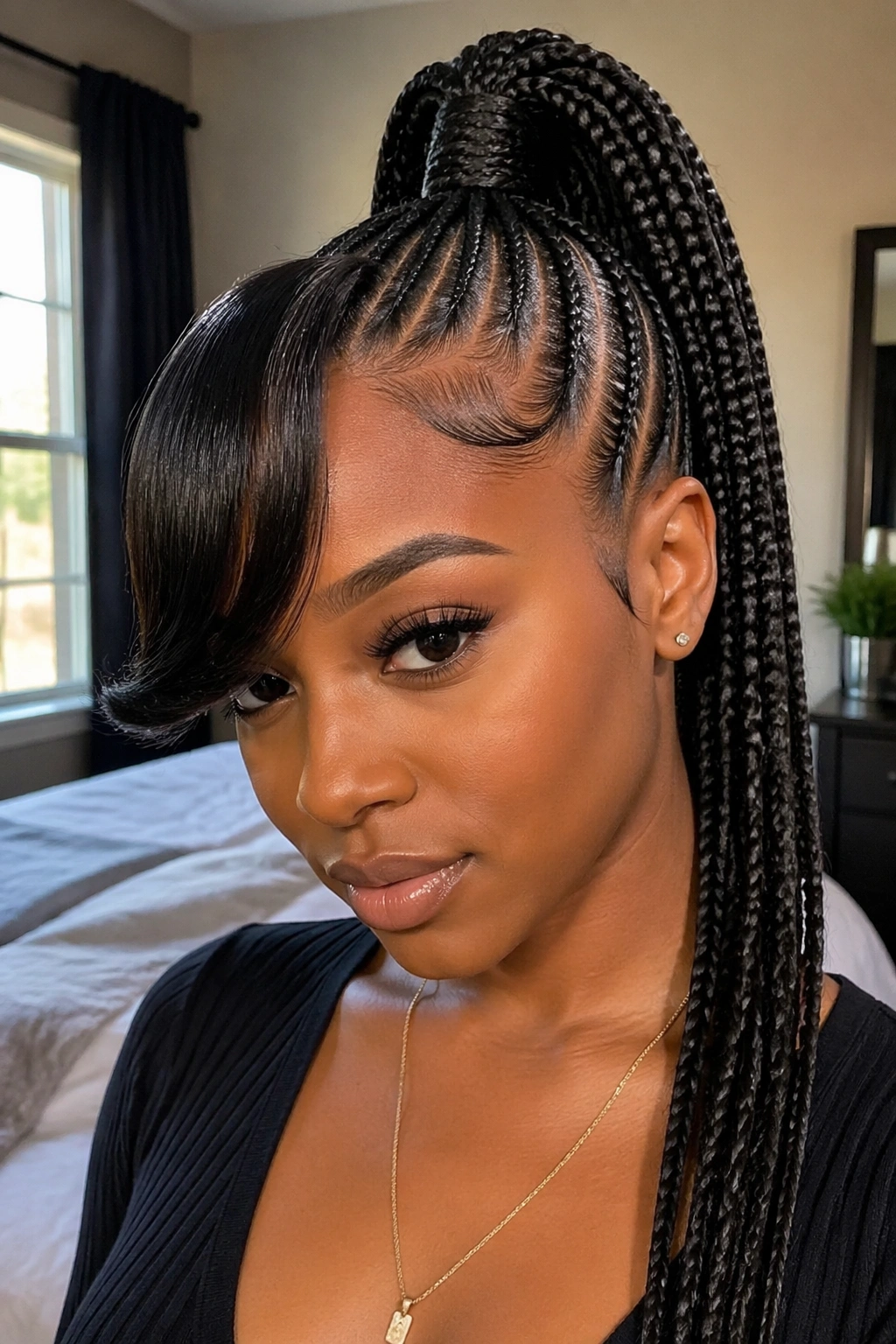Close-up of a real Black woman with swoop bang high cornrow ponytail under natural window light
