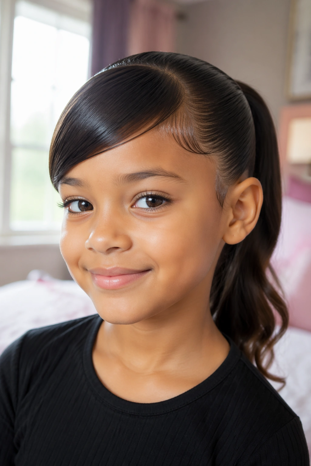 Close-up of child with swoop-bang sleek ponytail across forehead