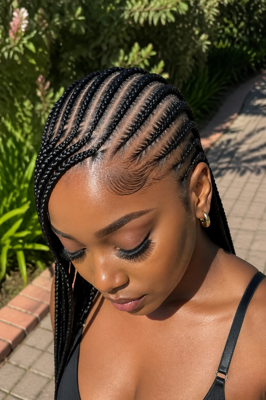 Close-up portrait of swoop-front straight-back cornrows on a real person