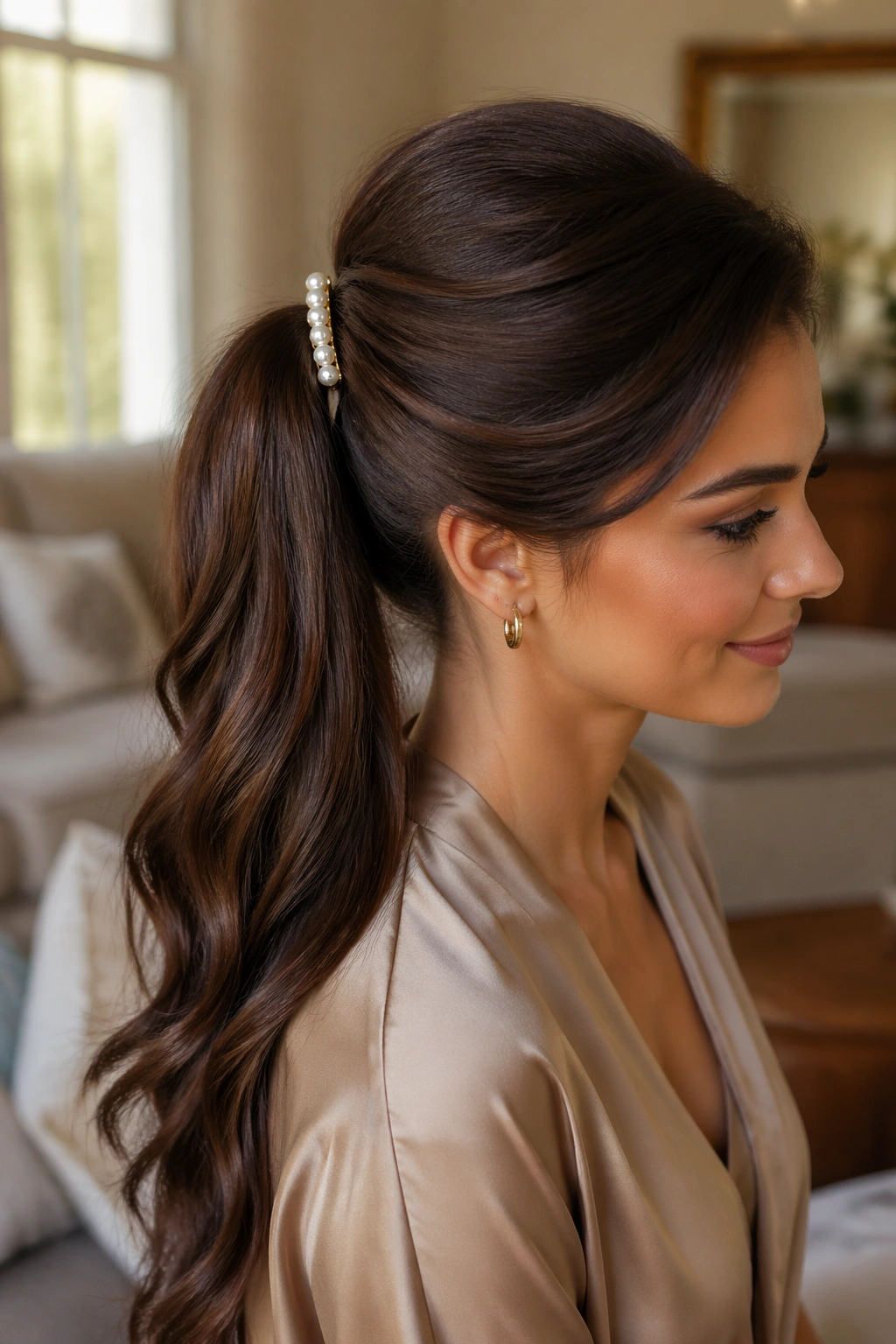 Close-up portrait of a real woman with long-hair swoop ponytail and clipped pearl accent