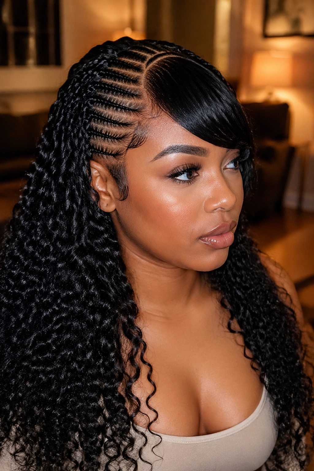 Real woman with swooped bang and cornrows into long curls