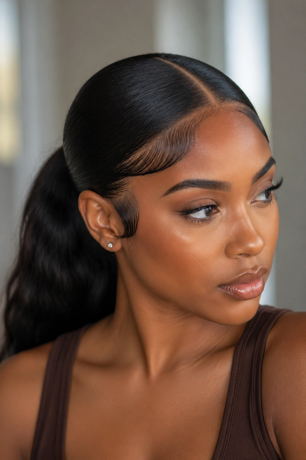 Close-up portrait of a real woman with swooped-edge middle part ponytail