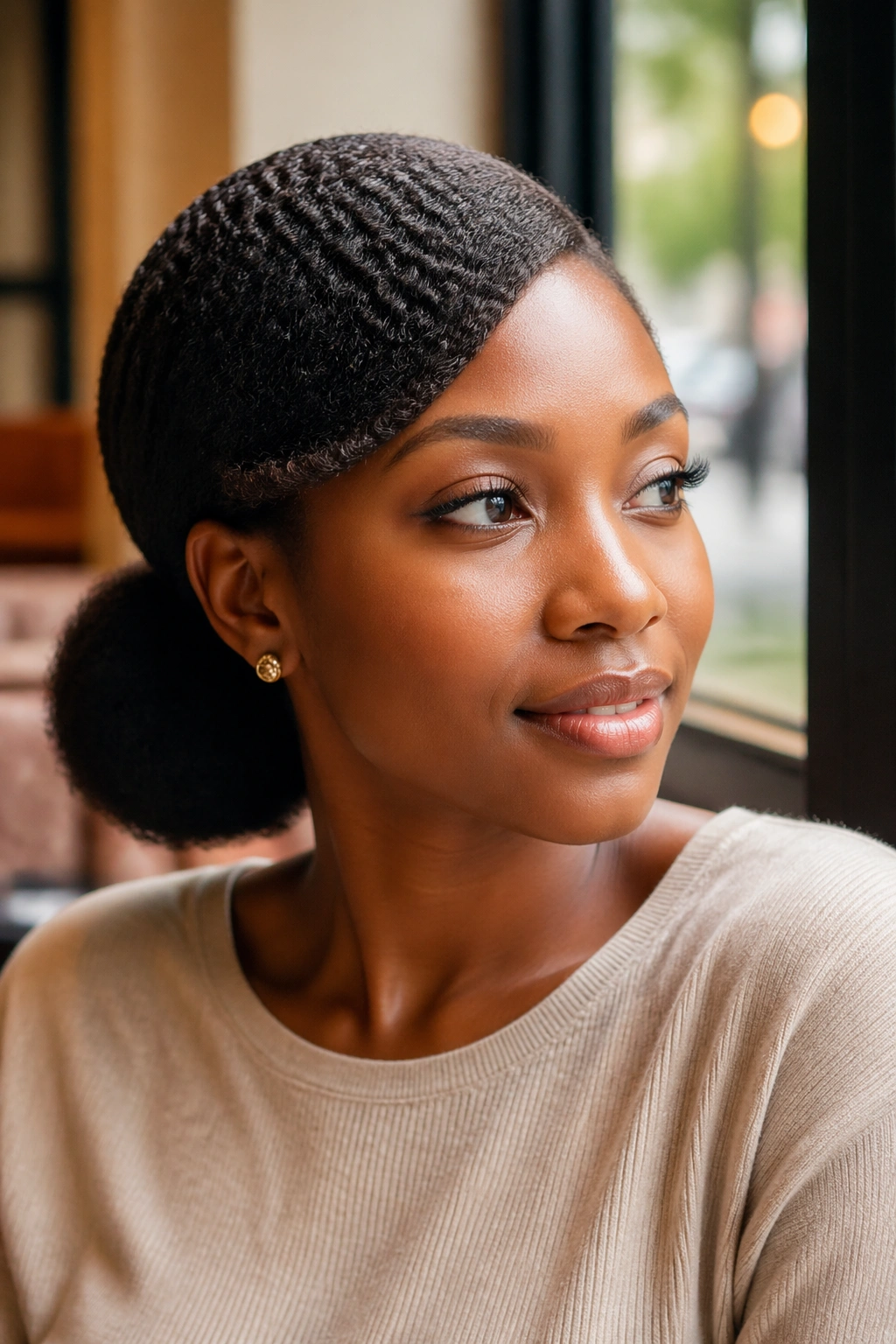 Close-up of a real person with a soft swoop across the forehead into a low ponytail