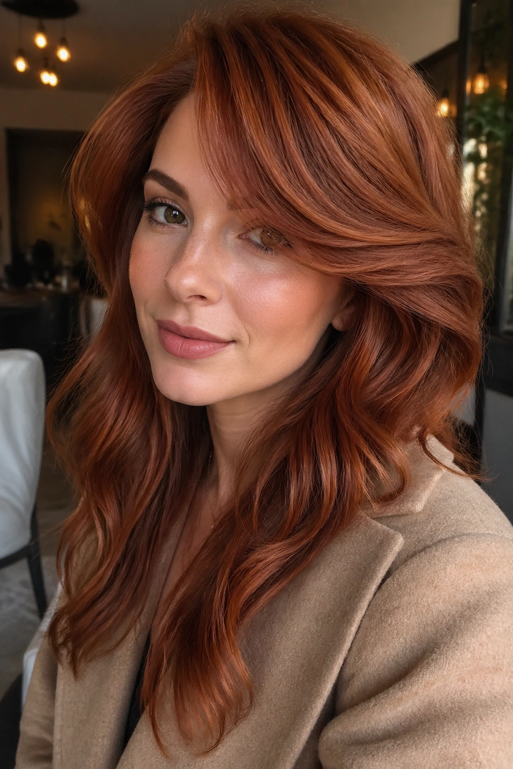 Real woman with swoopy glam bangs in a side roll on glossy red waves.