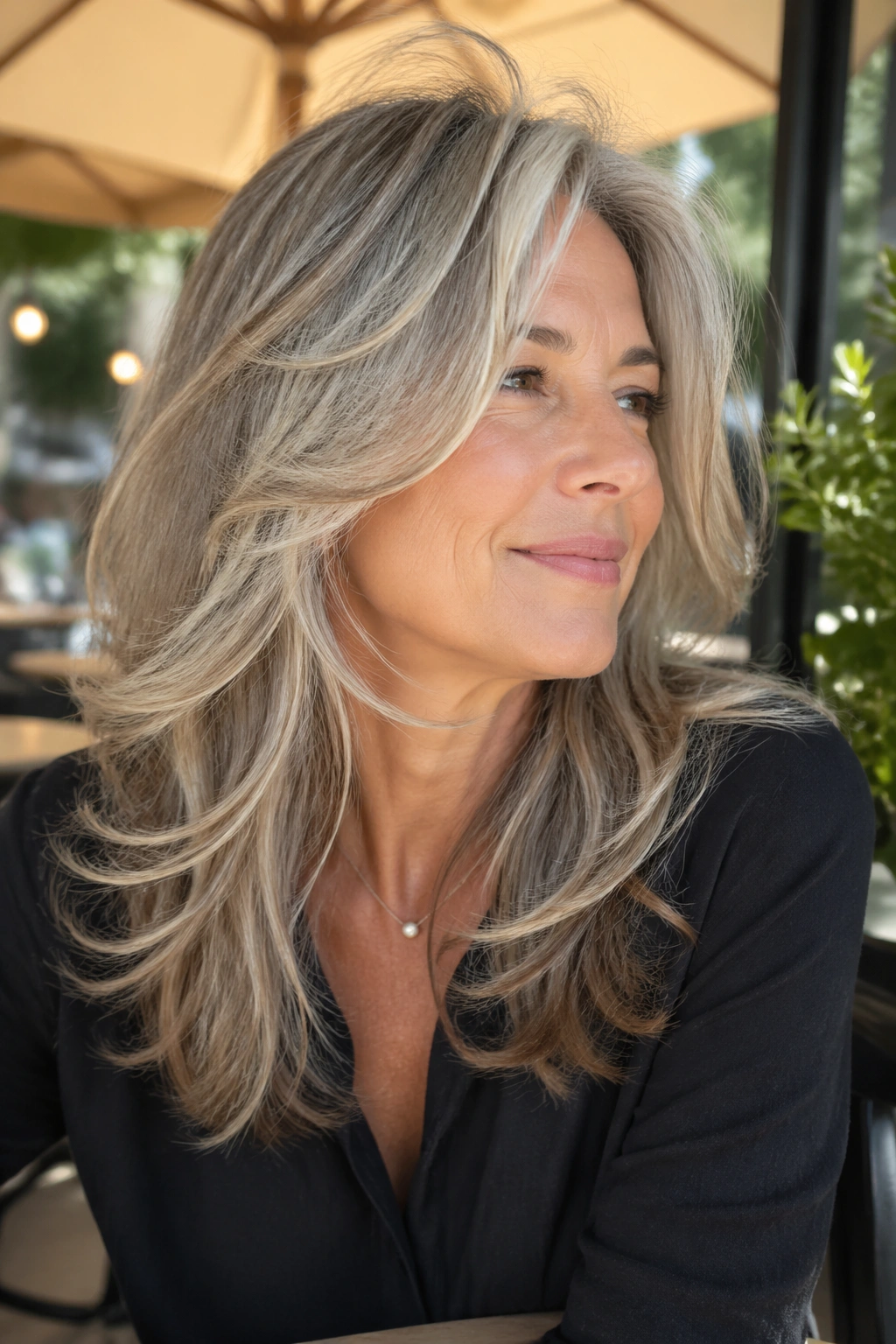 Real woman with swoopy layers around the jawline on a sunny cafe backdrop