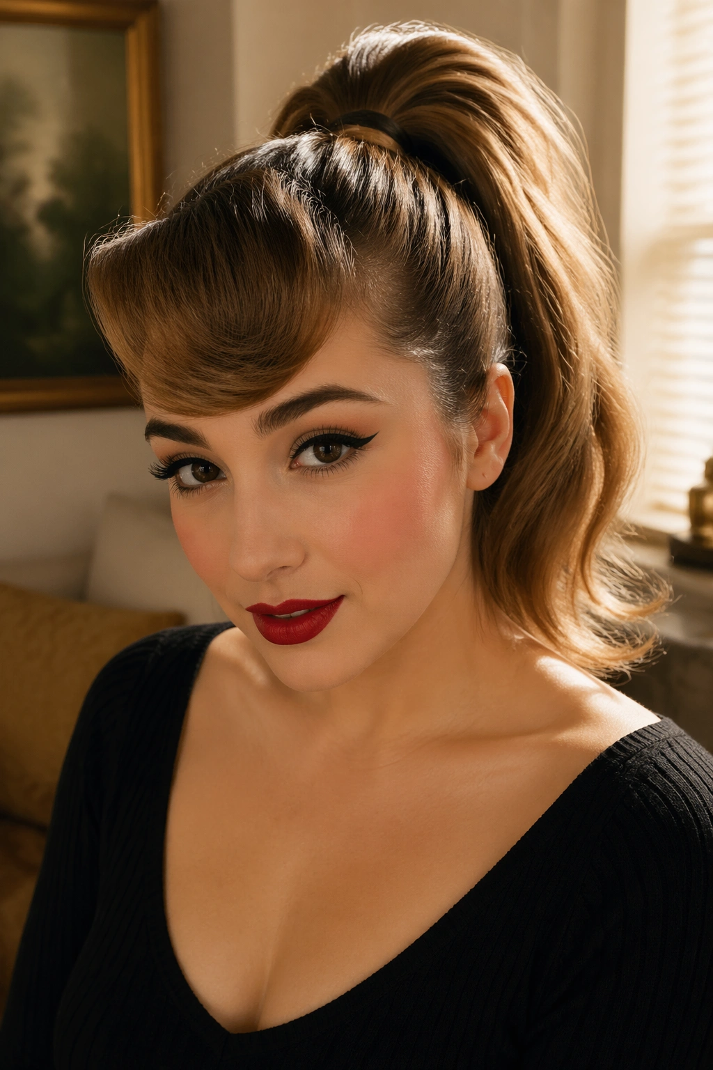 Real person with swung bangs and high ponytail in warm indoor light