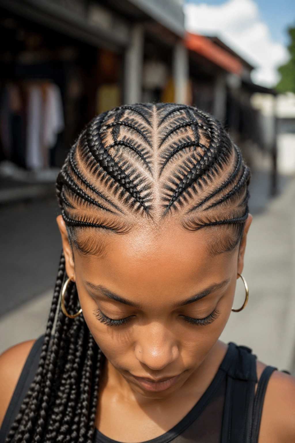 Real woman with perfectly symmetrical mirror cornrow pattern