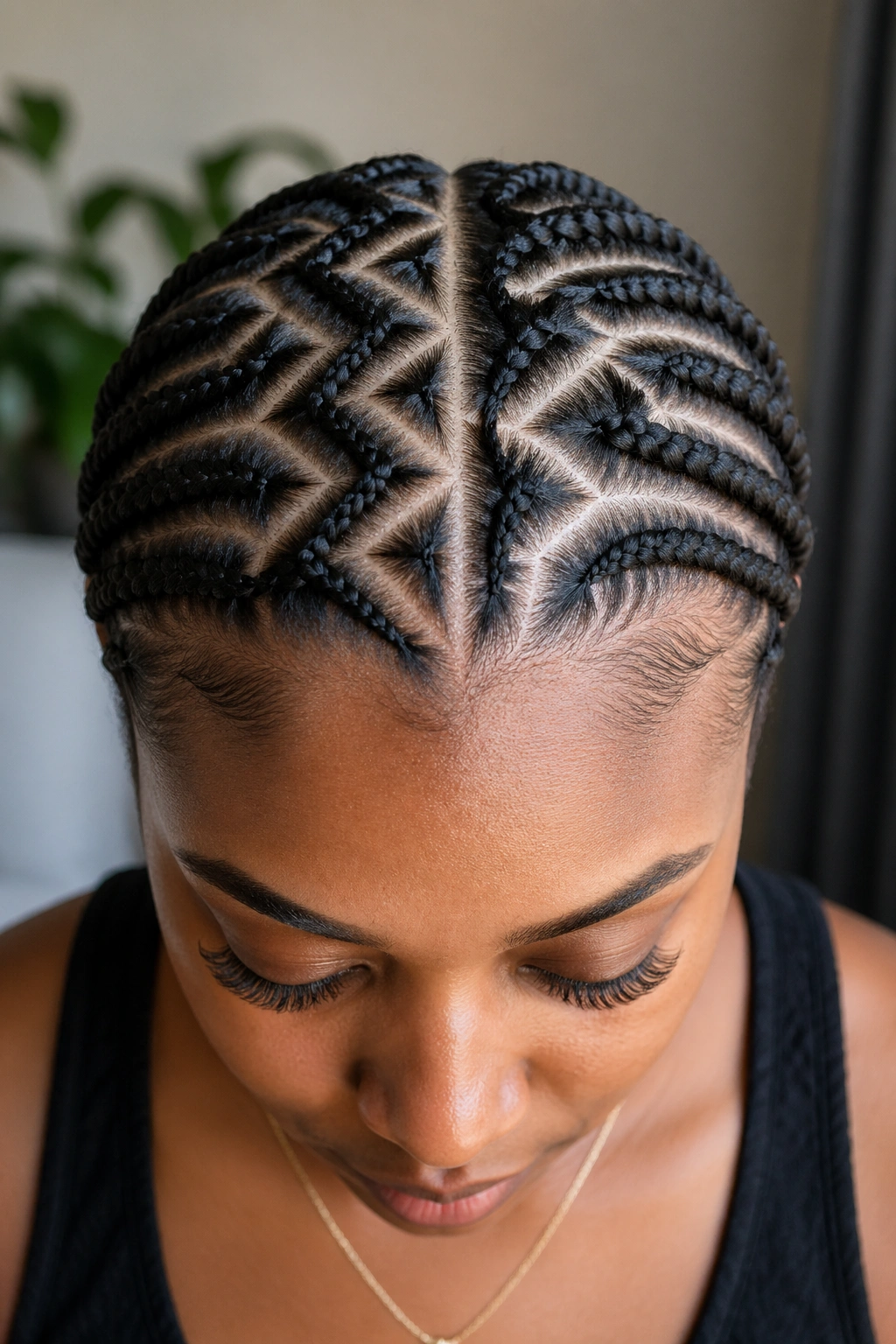 Portrait showing symmetric and asymmetric zigzag patterns on the scalp.