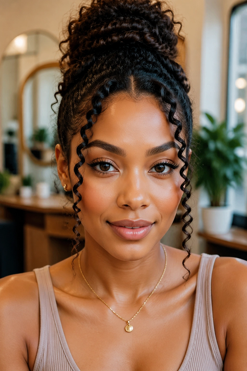 Two symmetrical face-framing curls at the temples on a real person
