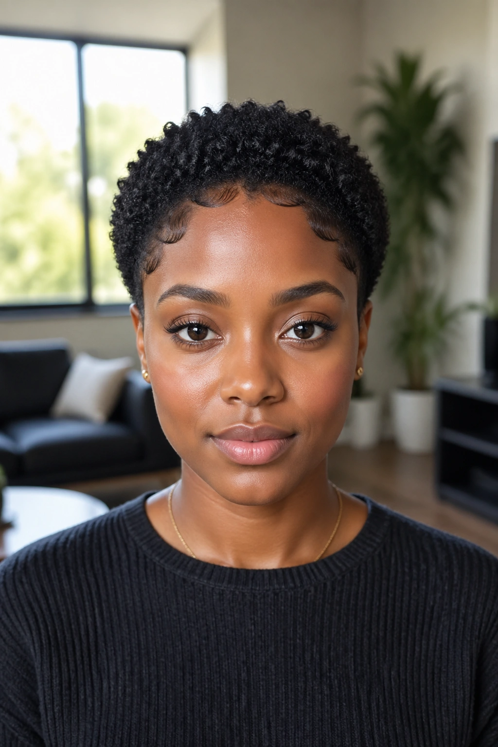 Front-facing real woman with symmetrical natural cut and clean edges