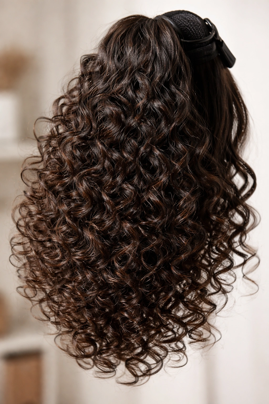 Close-up of a synthetic heat-resistant fiber ponytail extension texture