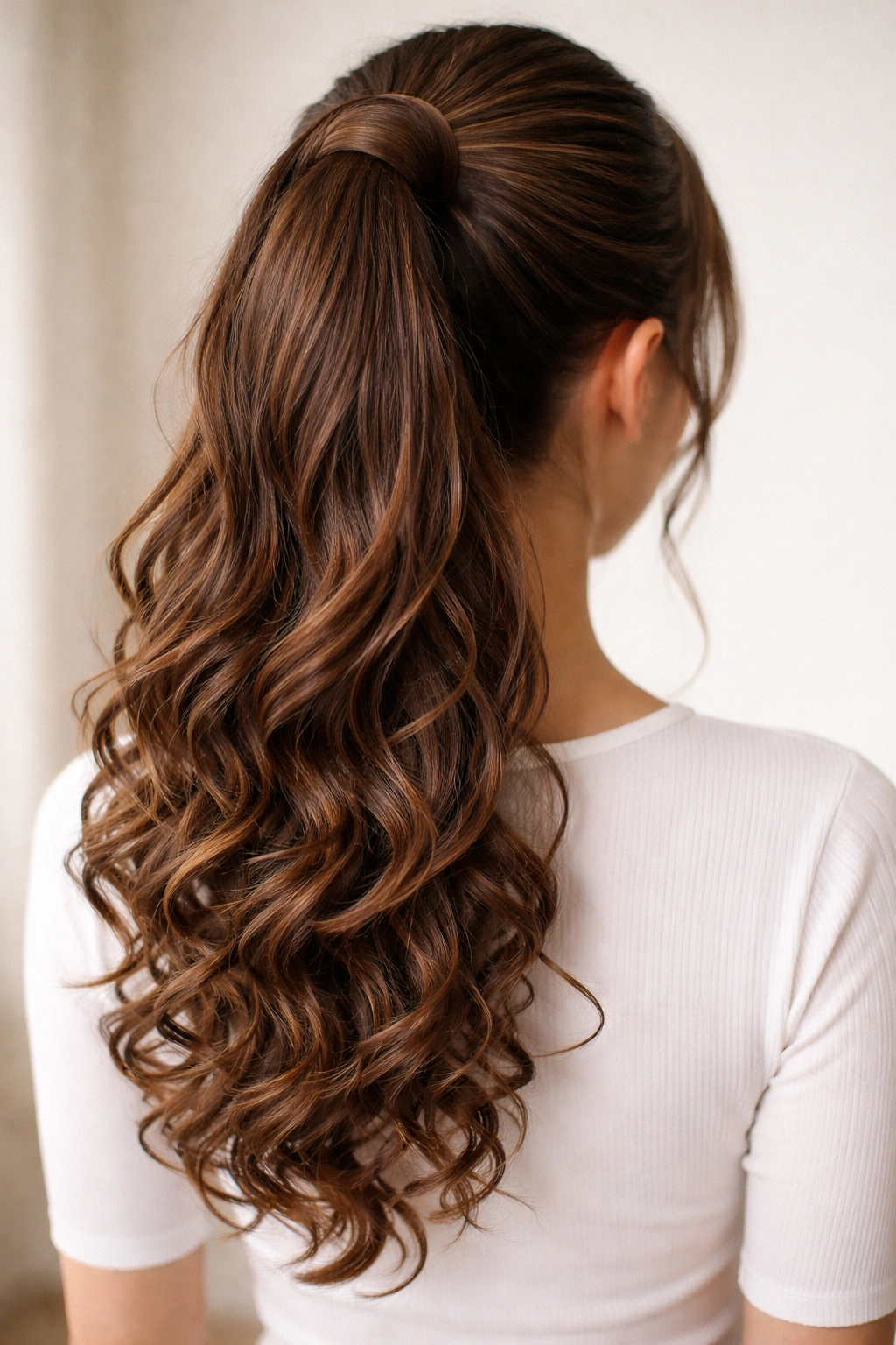 Close up of a wrap-around ponytail extension wrapped around the base with matte fibers