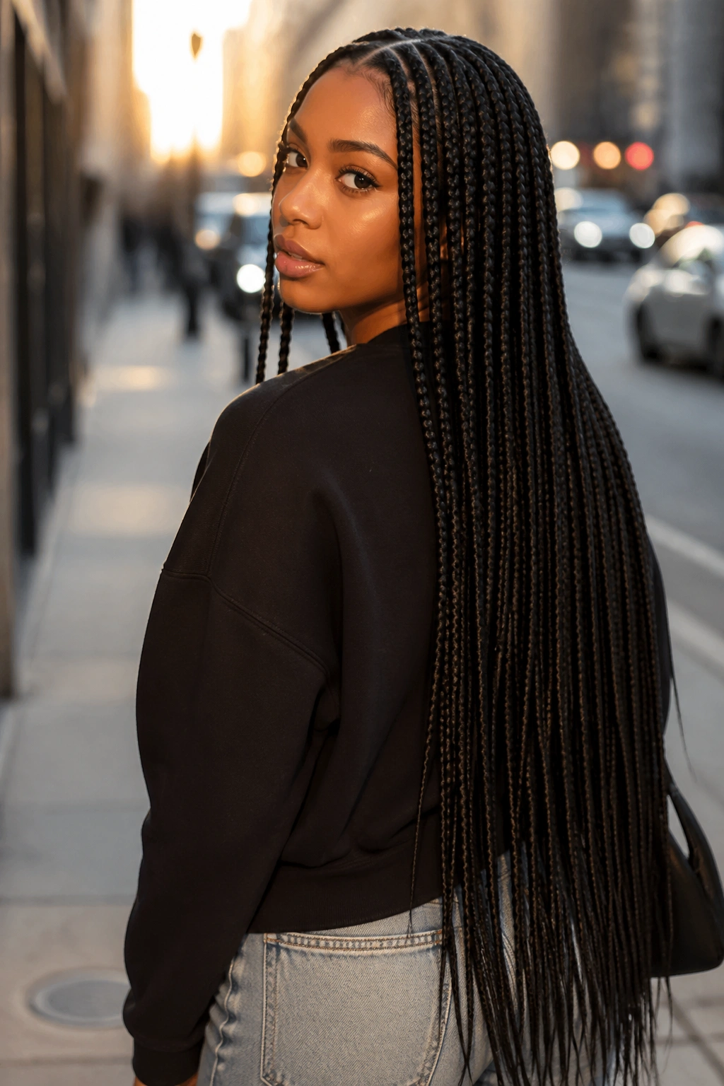 Tailbone-length box braids on a real person, dramatic long hair