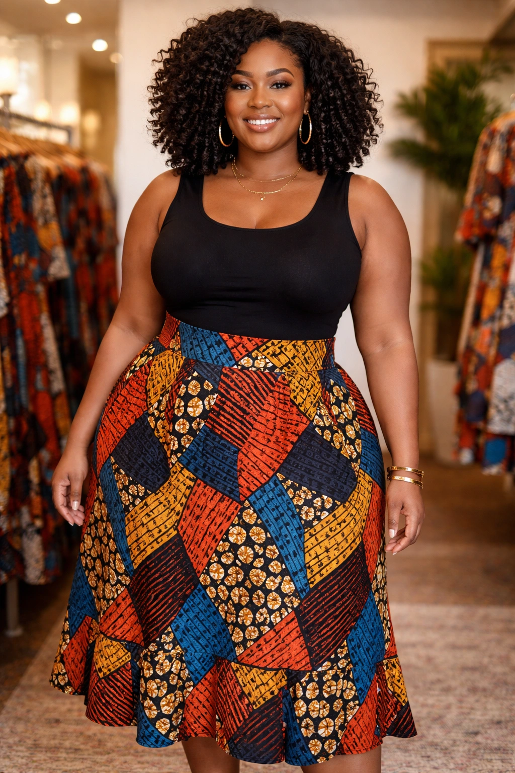 Plus-size model in tailored Ankara midi skirt in boutique
