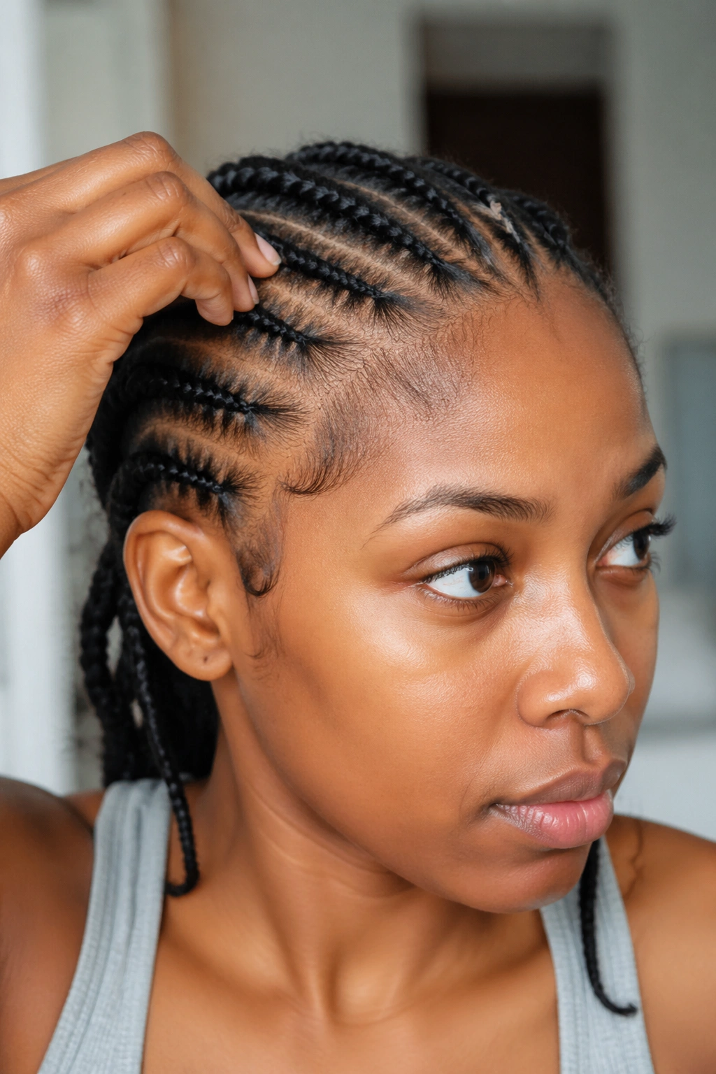 Real person checking stitch detail and roots on needle cornrows