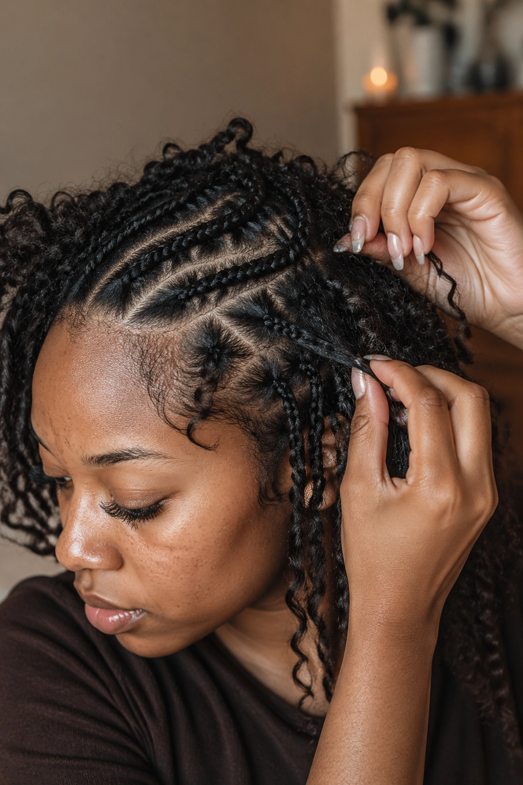 Close-up of a real woman's head during takedown of butterfly cornrows with wispy curls being freed