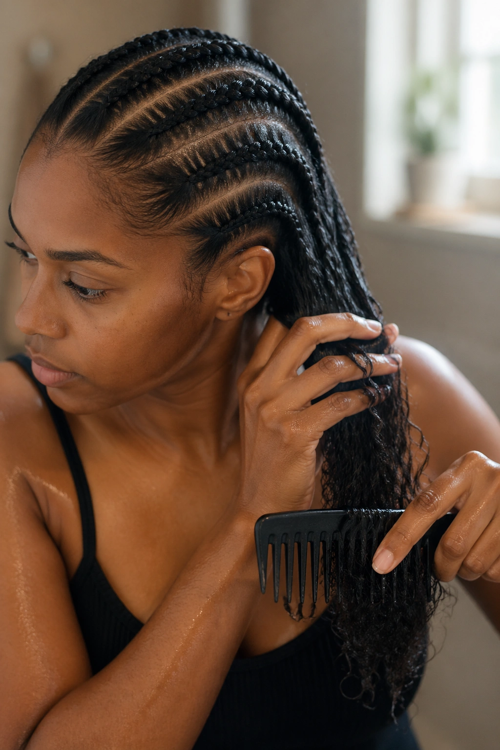 Close-up of real person detangling damp eight cornrows with fingers and a wide-tooth comb.