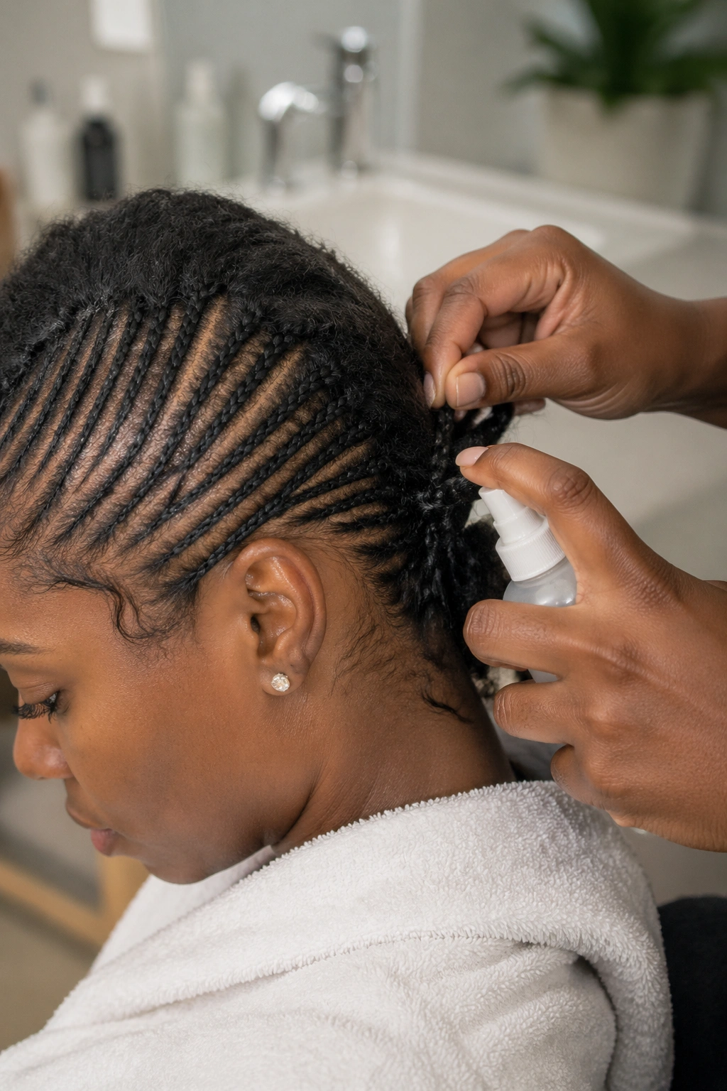 Person removing tightly braided needle cornrows with conditioner spray