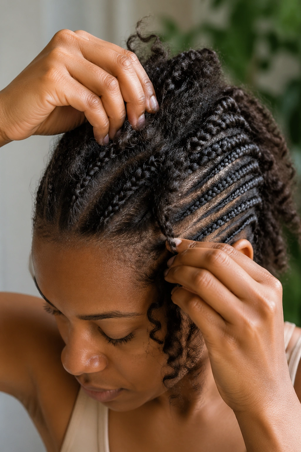 Close-up of a real woman taking down a cornrow mohawk, unraveling braids.