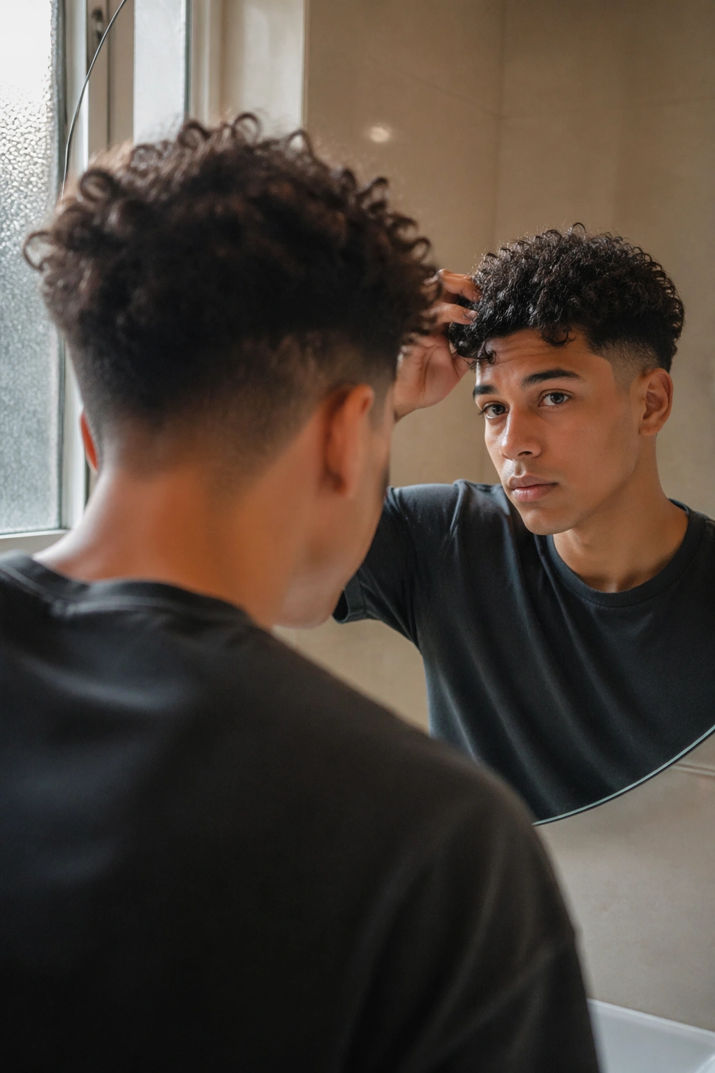 Over-the-shoulder view of cloud curls with a tapered fade in a bathroom setting.