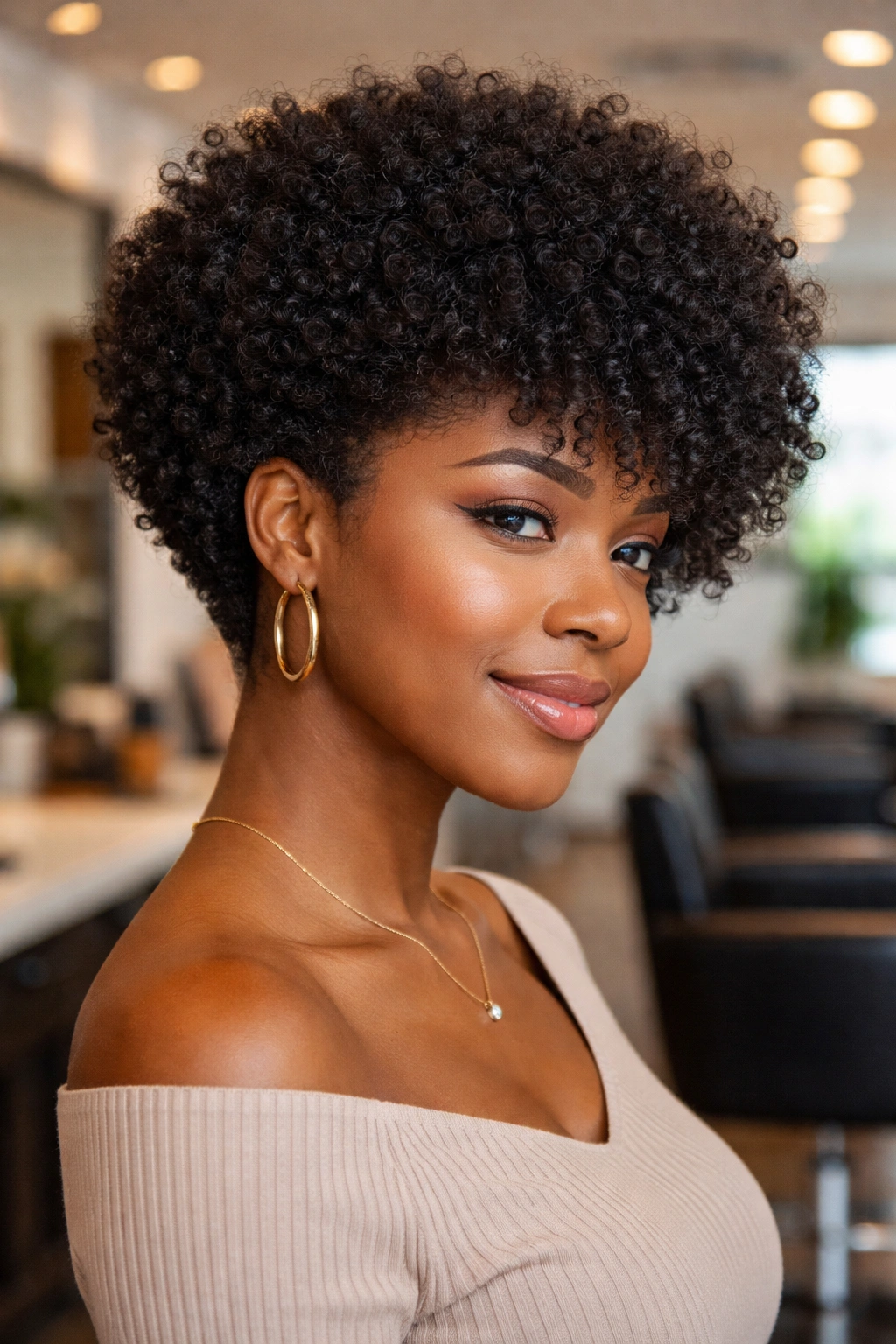 Portrait of woman with tapered afro bob