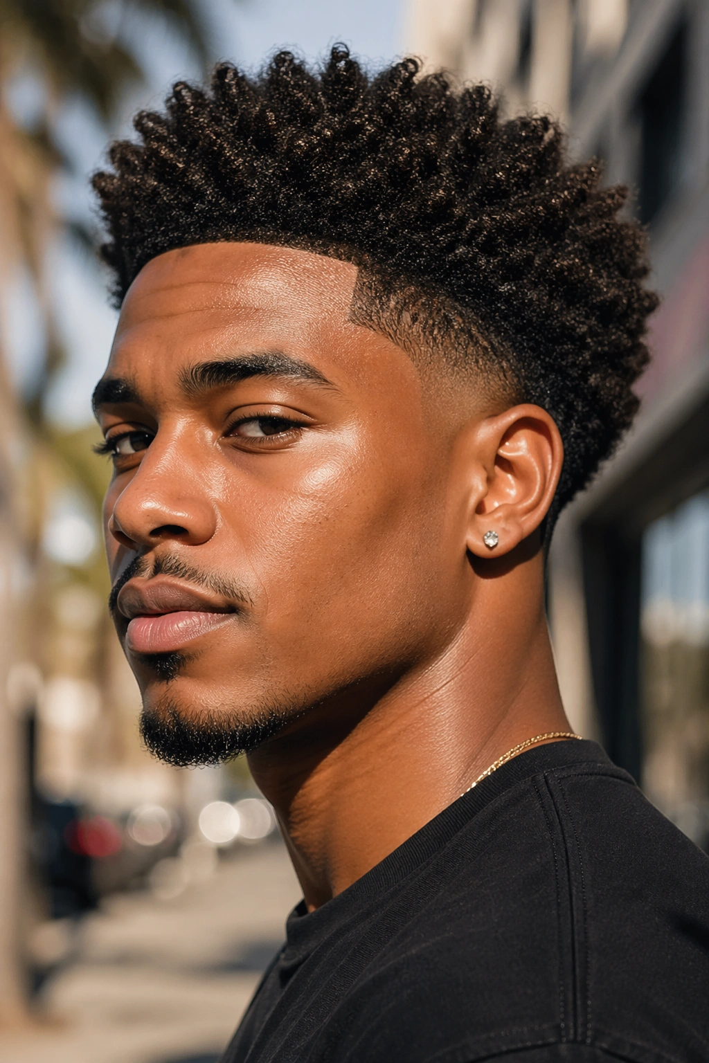 Close-up of a real person with a tapered Afro cut showing crisp sides and full top in natural light