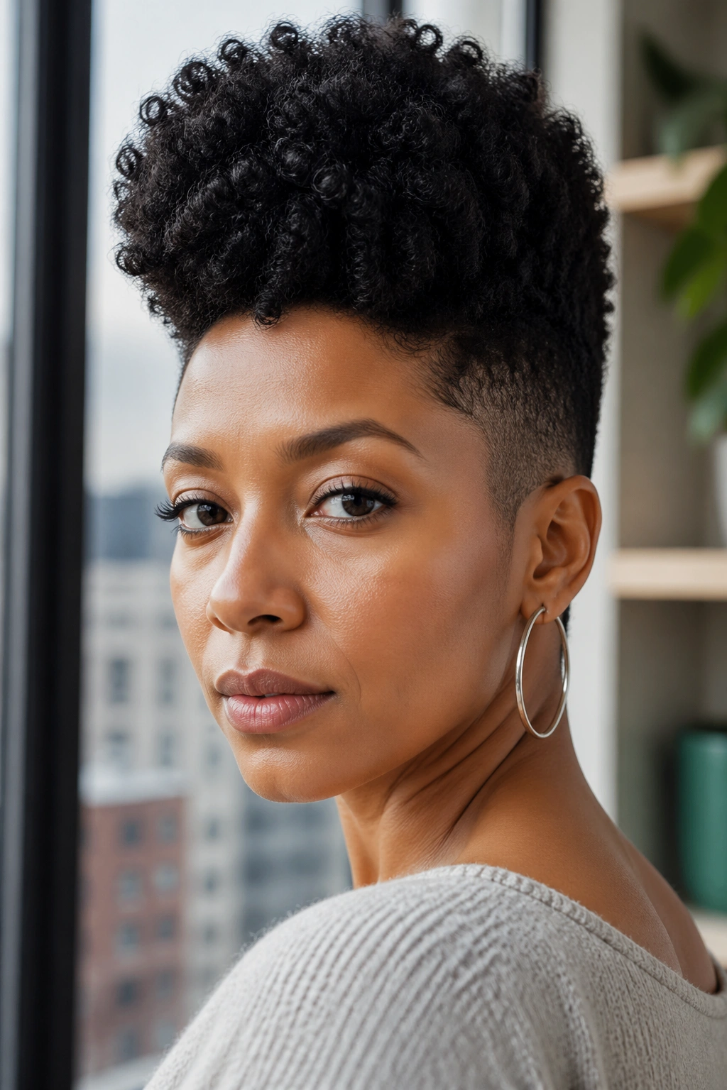Portrait of a real woman with a tapered afro silhouette.