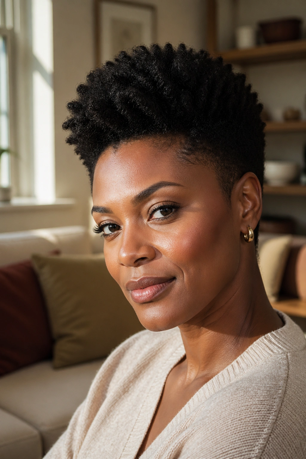 Close-up portrait of a real woman with a tapered afro in a sunlit room