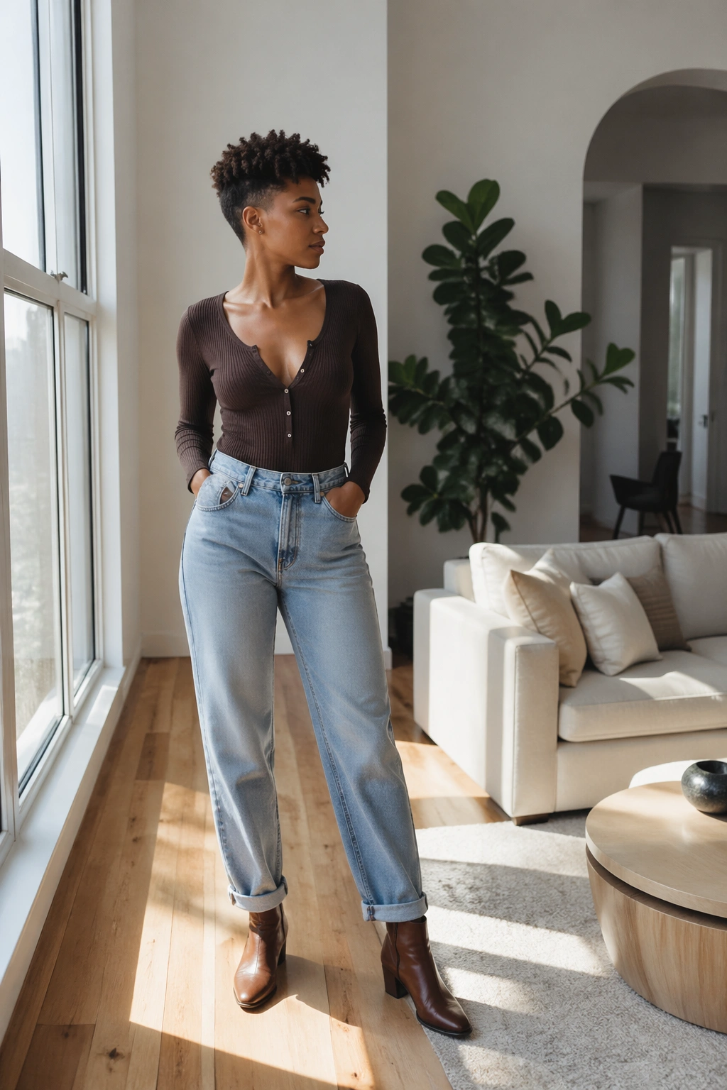 Wide environmental shot of a tapered curly afro