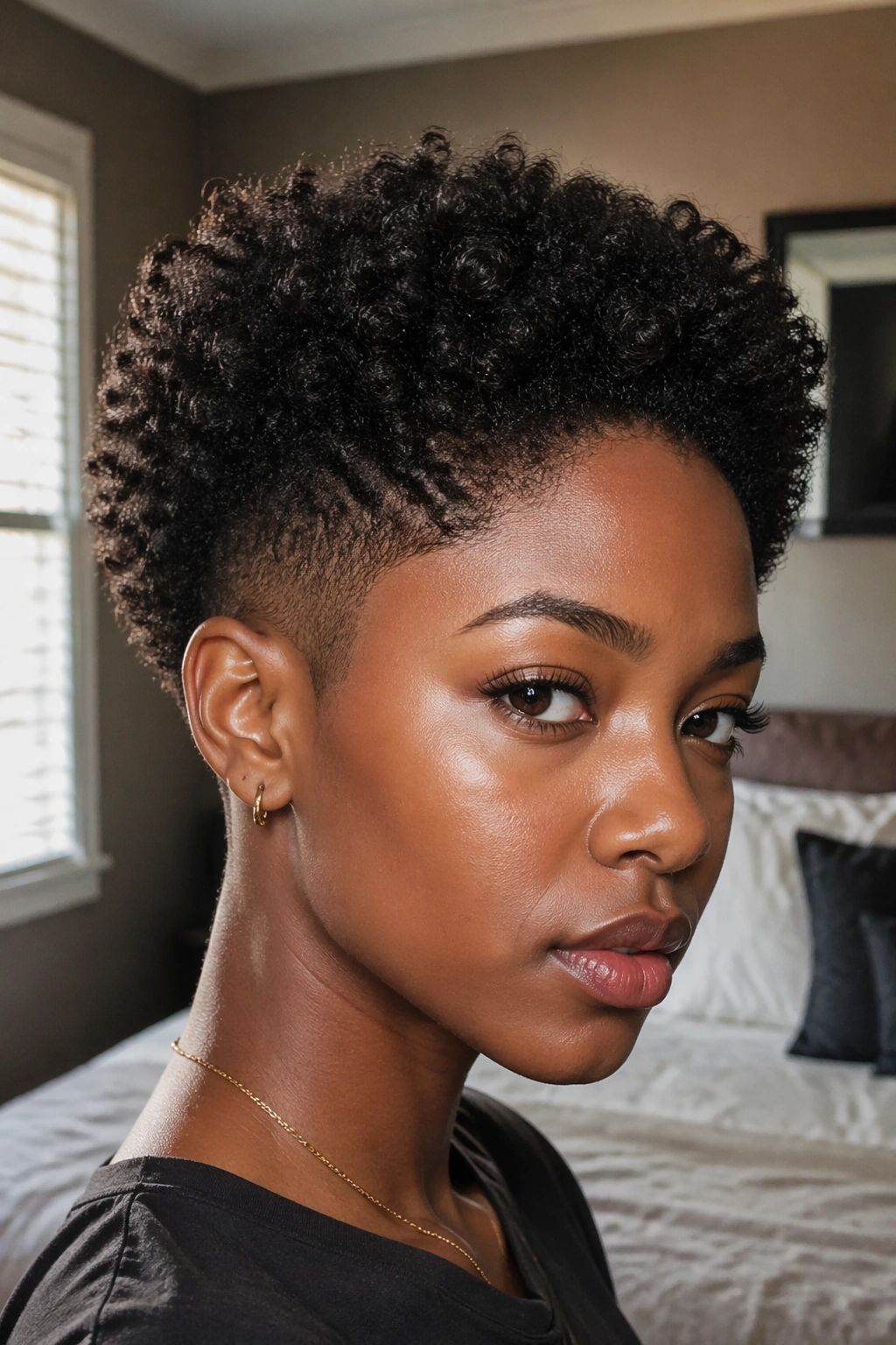 Close-up of a person with a tapered short Afro hairstyle, highlighting tapered sides and rounded crown.