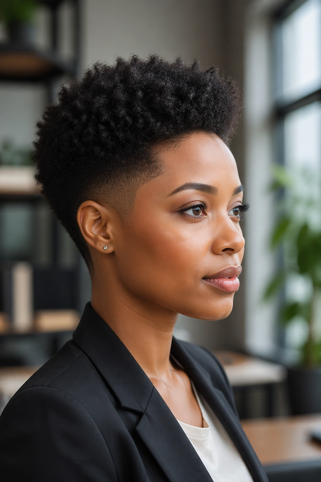 Close-up of a real person with tapered afro and sculpted top for a professional look.