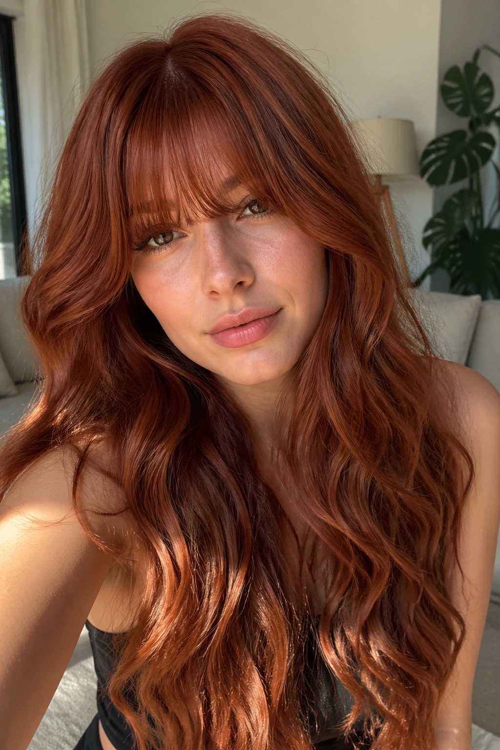 Real woman with tapered bangs on thick wavy red hair.