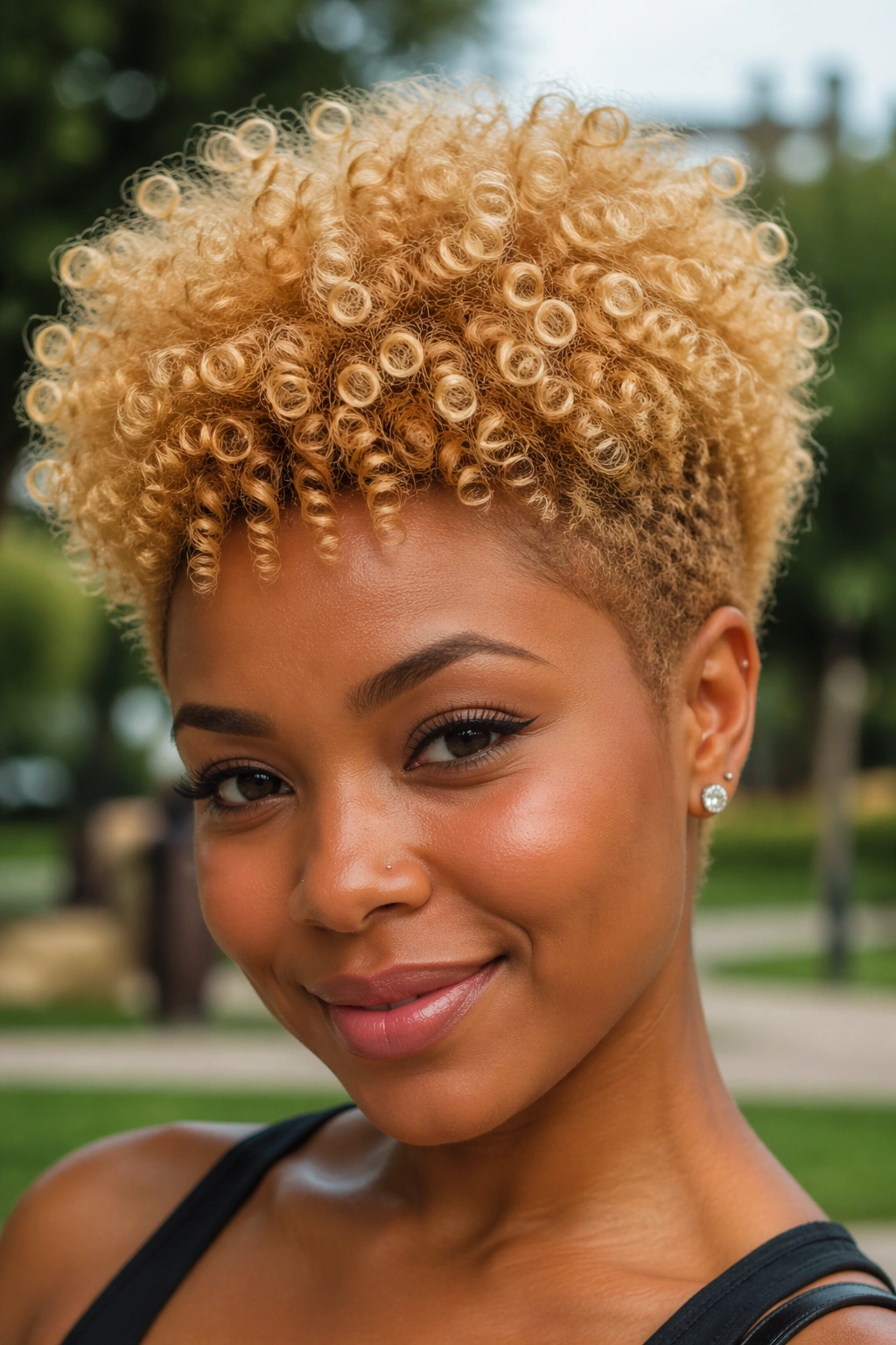 Close-up of real woman with tapered blonde curly Afro in natural daylight.