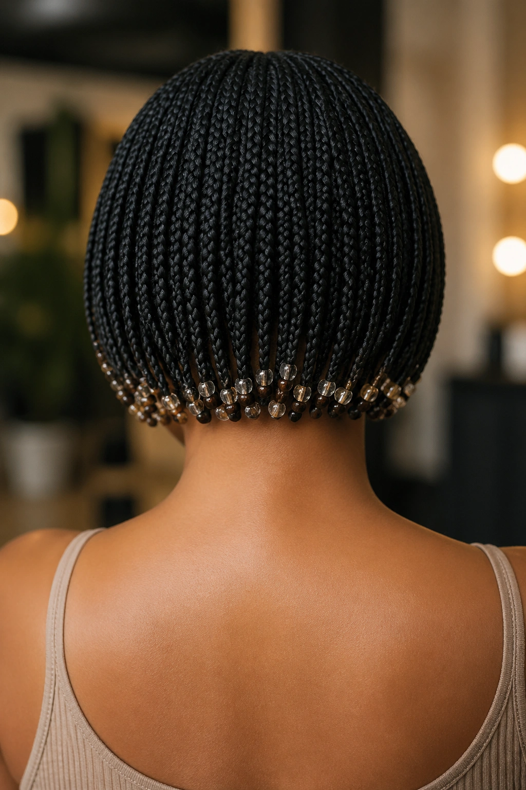 Back view of a real woman with a tapered bob and beads at the nape