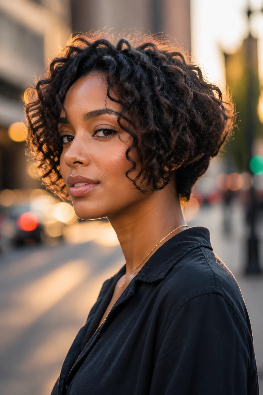 Portrait of a real person with a tapered short bob hairstyle