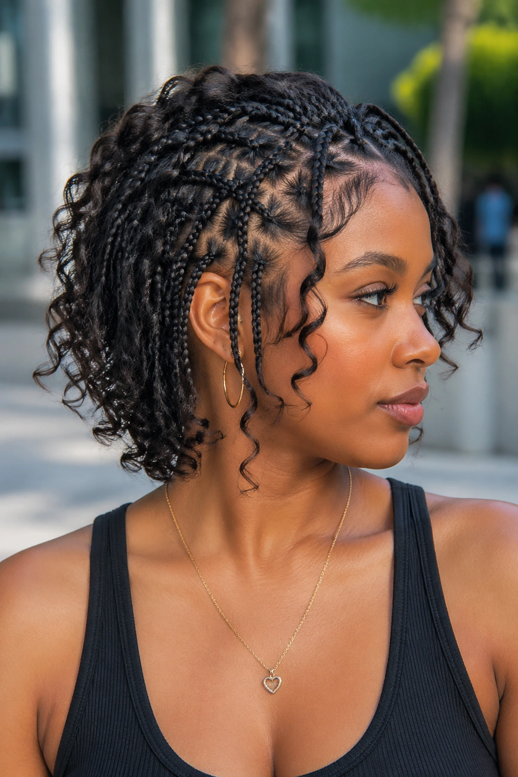 Real woman with tapered boho box braids on a short cut, crown fuller.