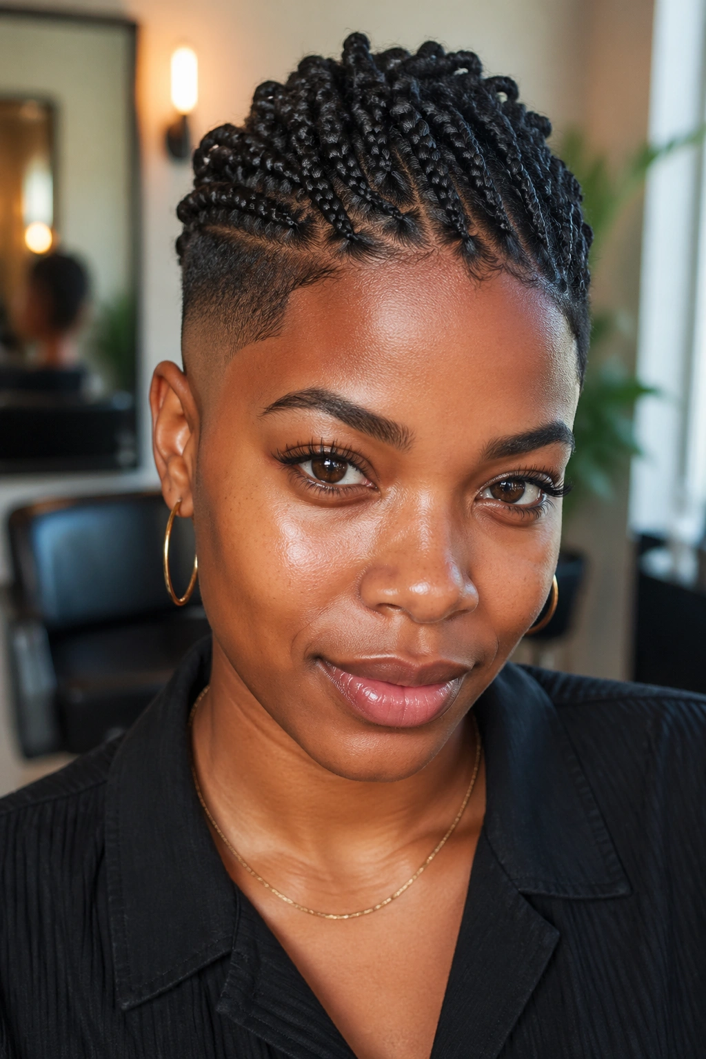 Close-up of a woman with a tapered cut short box braids in warm window light